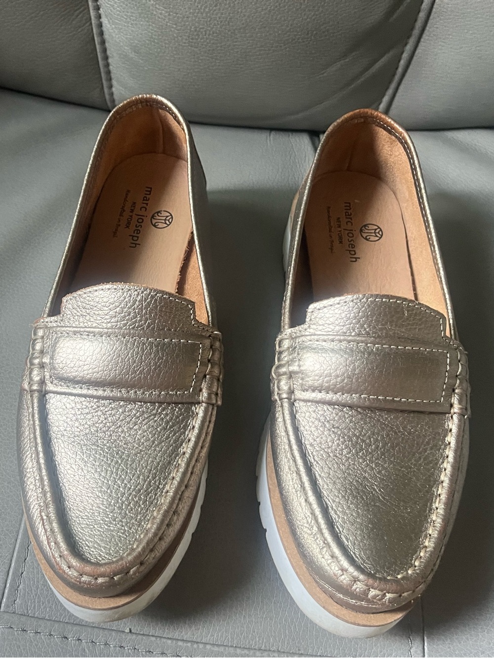 Marc Joseph Metallic Champagne Leather Penny Loafers